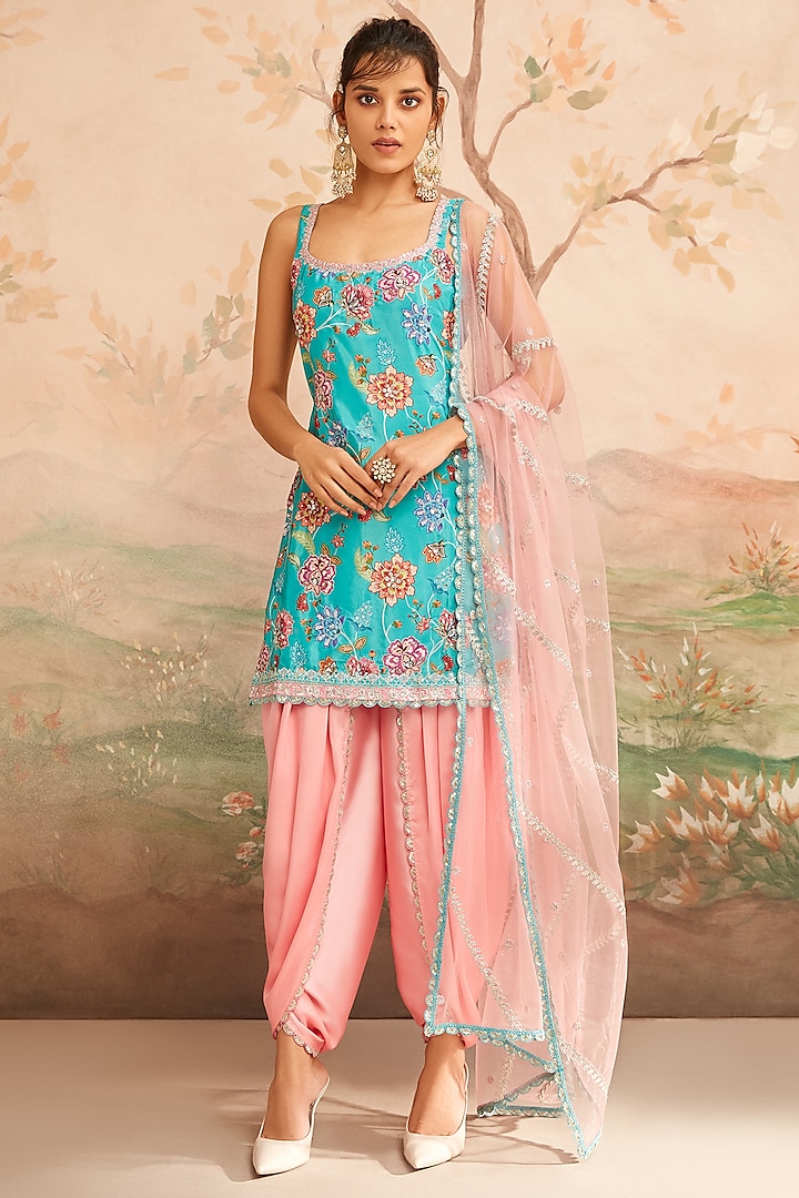 Teal Upada Silk Floral Printed & Thread Embroidered Kurta Set by Lashkaraa at Pernia's Pop Up Shop