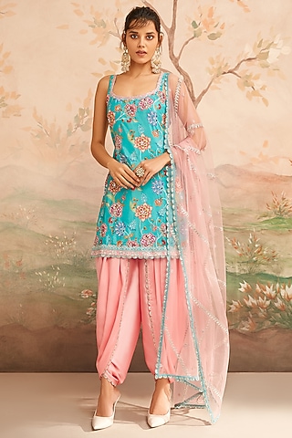 Teal Upada Silk Floral Printed & Thread Embroidered Kurta Set by Lashkaraa