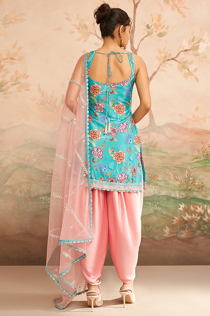 Teal Upada Silk Floral Printed & Thread Embroidered Kurta Set by Lashkaraa at Pernia's Pop Up Shop