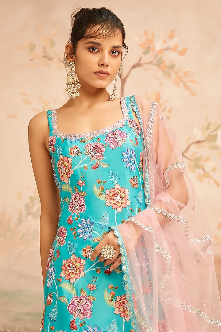 Teal Upada Silk Floral Printed & Thread Embroidered Kurta Set by Lashkaraa at Pernia's Pop Up Shop