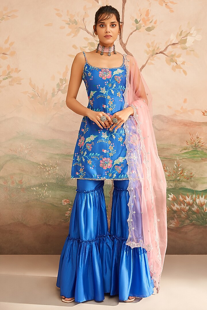 Blue Satin Sharara Set by Lashkaraa at Pernia's Pop Up Shop