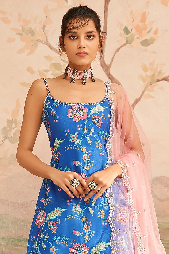 Blue Satin Sharara Set by Lashkaraa at Pernia's Pop Up Shop
