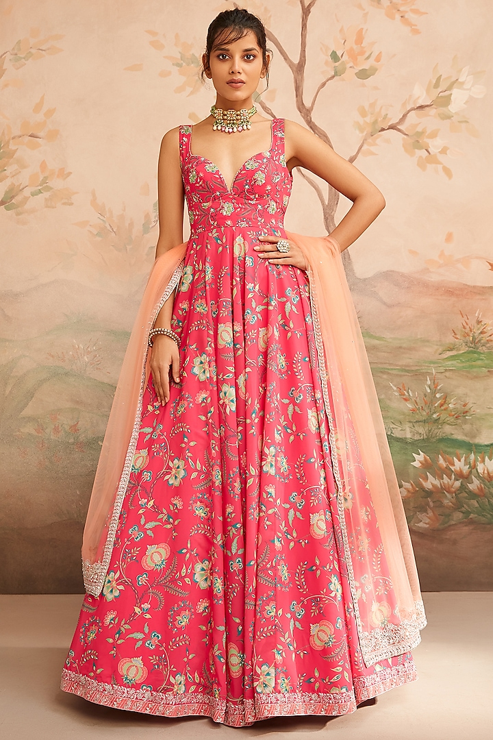 Hot Pink Georgette Floral Printed & Zari Embroidered Anarkali Set by Lashkaraa