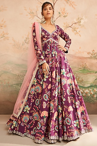 Wine Georgette Floral Printed & Zari Embroidered Anarkali Set by Lashkaraa