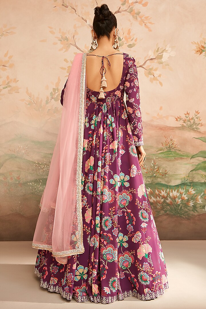 Wine Georgette Floral Printed & Zari Embroidered Party Wear Anarkali Set by Lashkaraa at Pernia's Pop Up Shop