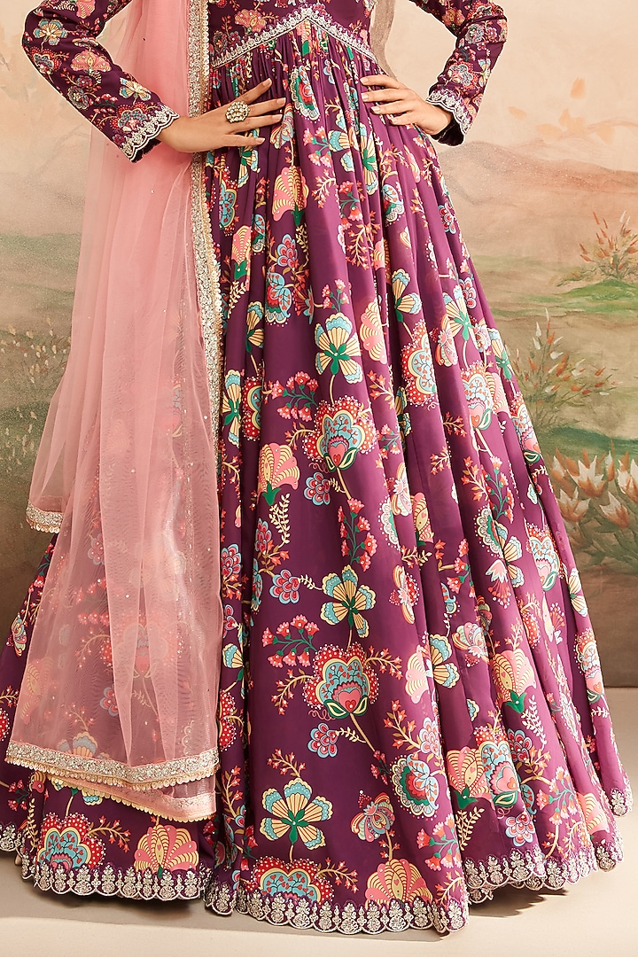 Wine Georgette Floral Printed & Zari Embroidered Party Wear Anarkali Set by Lashkaraa at Pernia's Pop Up Shop