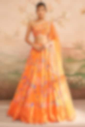 Orange Georgette Floral Printed Lehenga Set by Lashkaraa at Pernia's Pop Up Shop