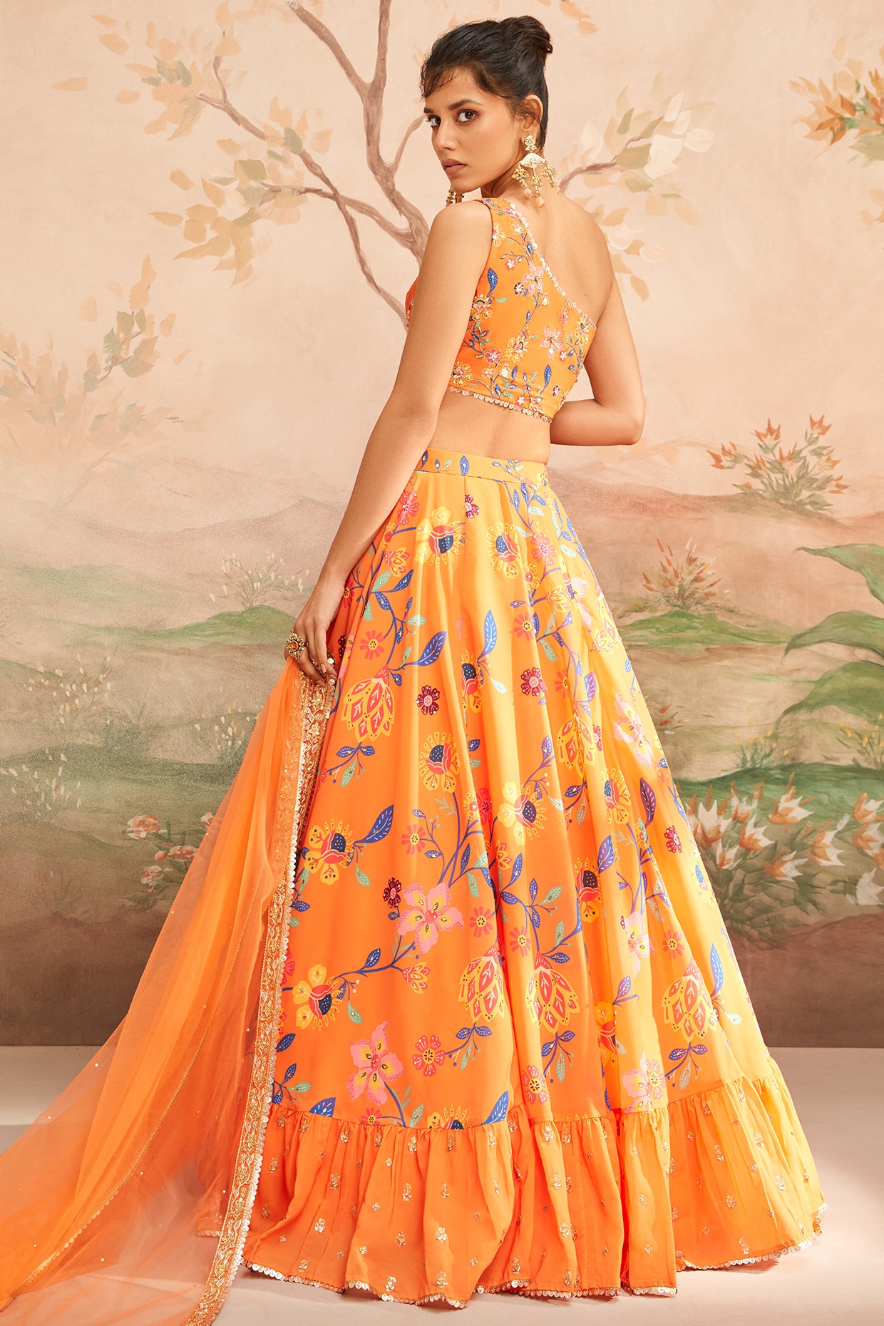 Buy Orange Georgette Print And Embroidery Feather One Floral Lehenga Set  For Women by Suruchi Parakh Online at Aza Fashions.