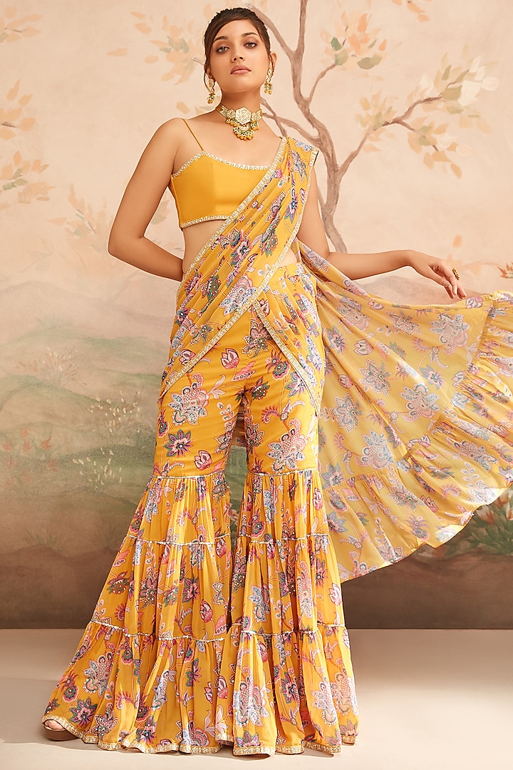 Mustard Yellow Georgette Floral Printed Pant Saree Set by Lashkaraa
