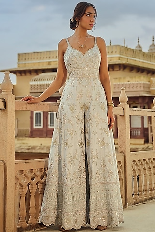 Grey Silk Sequins Embellished Jumpsuit by Lashkaraa