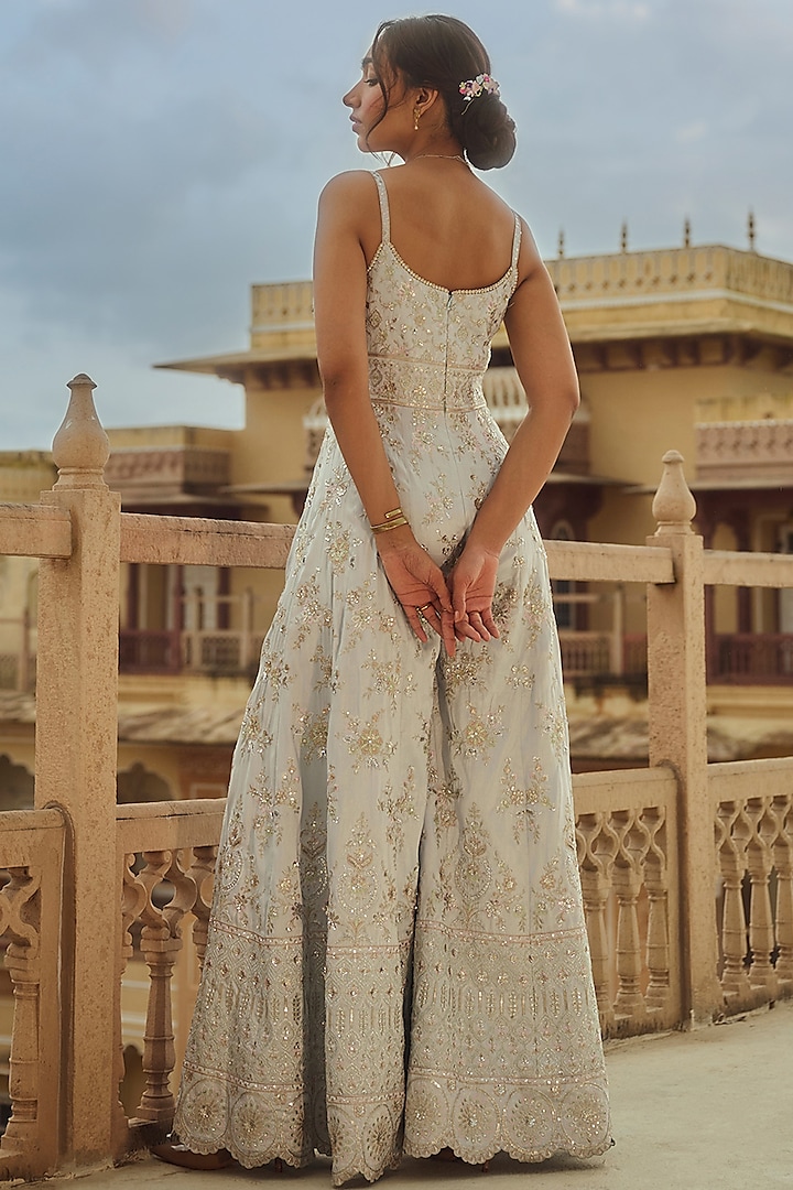 Grey Silk Sequins Embellished Jumpsuit by Lashkaraa at Pernia's Pop Up Shop
