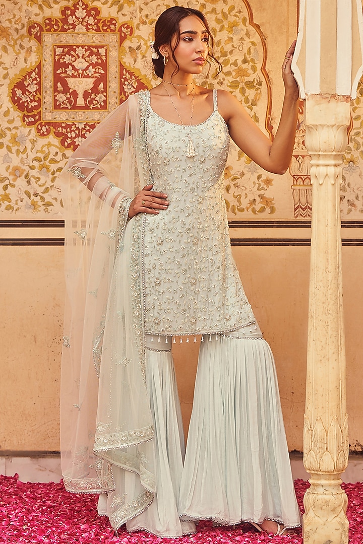 Soft Blue Chinon Hand Embellished Gharara Set by Lashkaraa at Pernia's Pop Up Shop