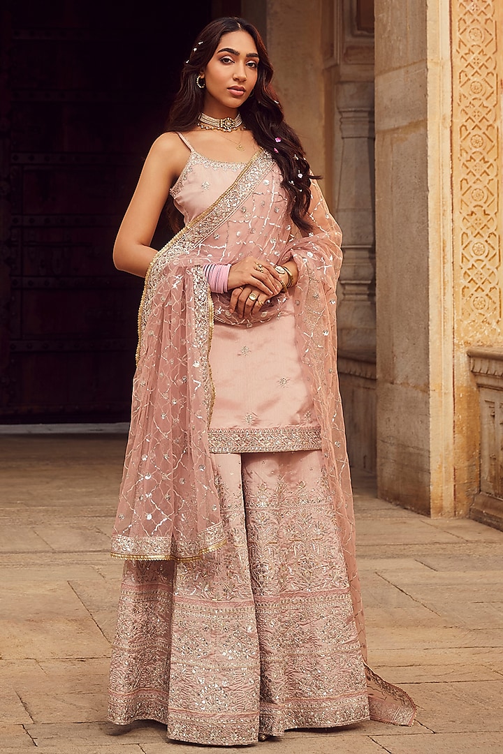 Dusty Peach Silk Zari Embellished Gharara Set by Lashkaraa at Pernia's Pop Up Shop