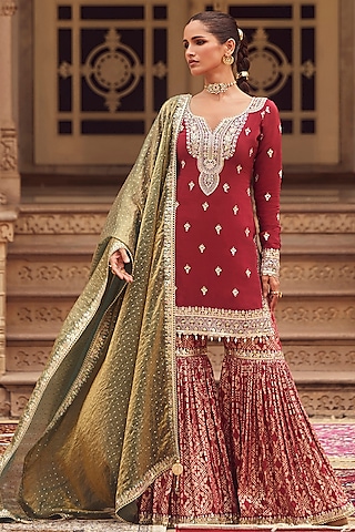 Maroon Brocade Zari Embellished Gharara Set by Lashkaraa