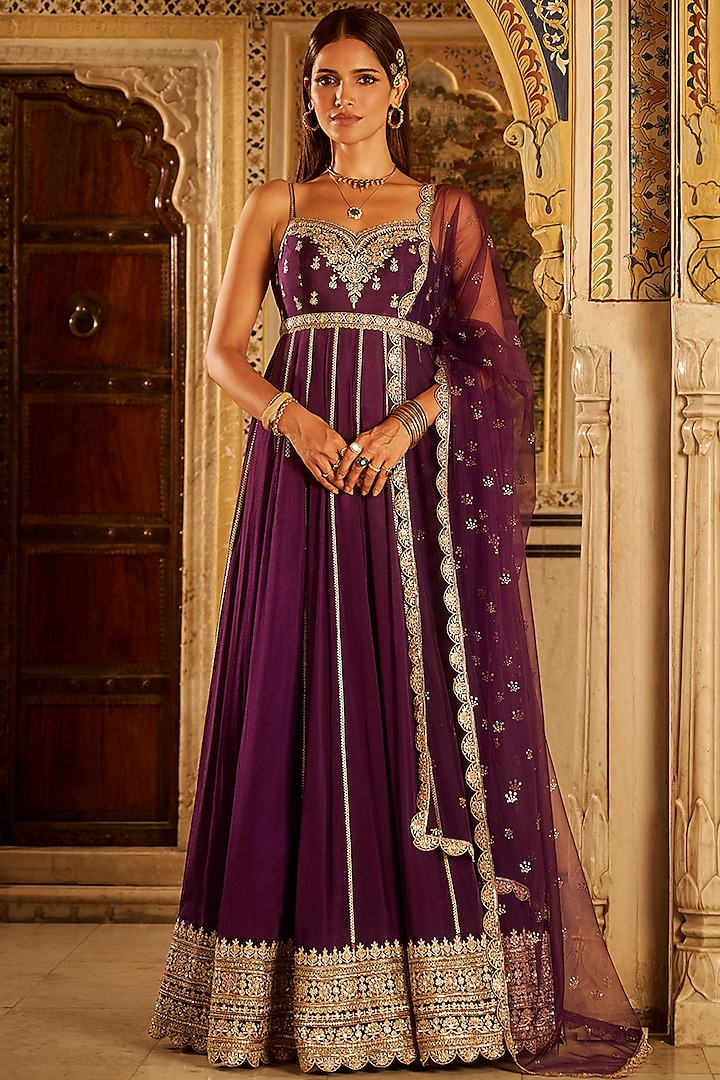 Purple Chinon Sequins Embellished Anarkali Set by Lashkaraa at Pernia's Pop Up Shop