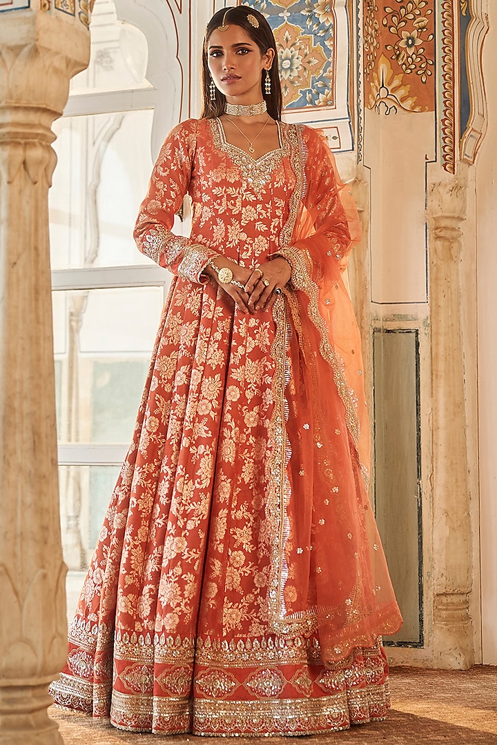 Orange Brocade Hand Embellished Anarkali Set by Lashkaraa