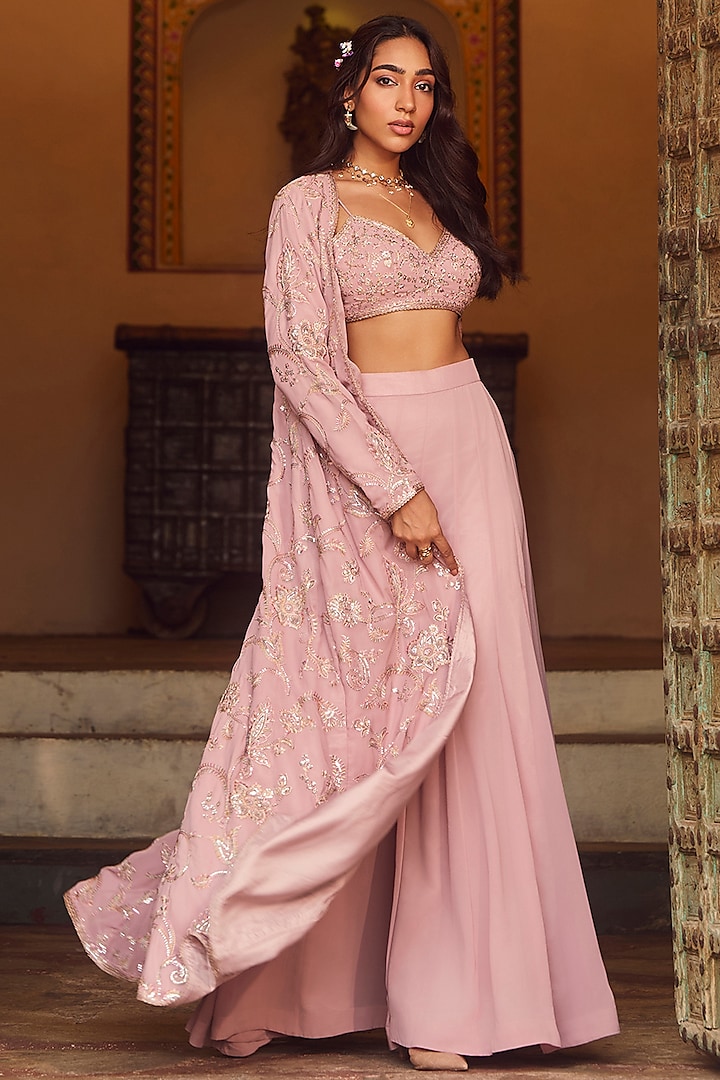 Dusty Rose Georgette Zari Embellished Sharara Set by Lashkaraa