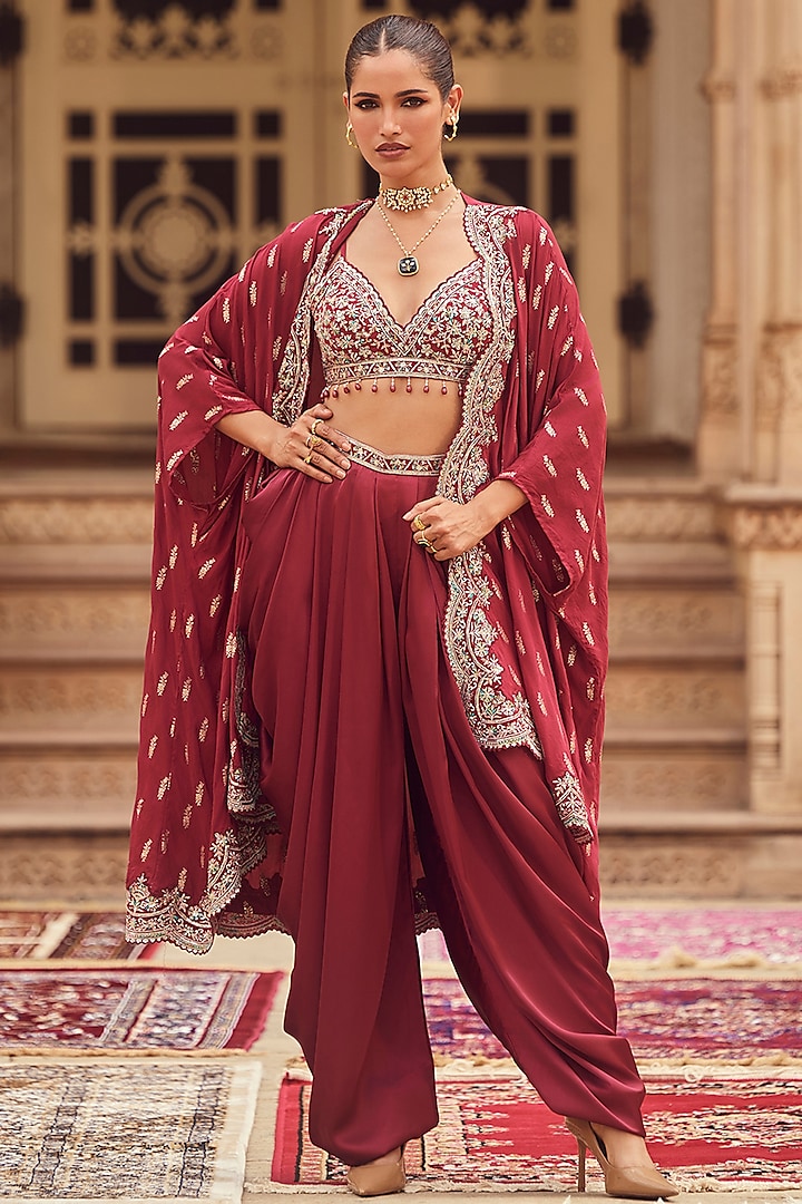 Maroon Satin Sequins Embellished Dhoti Set by Lashkaraa