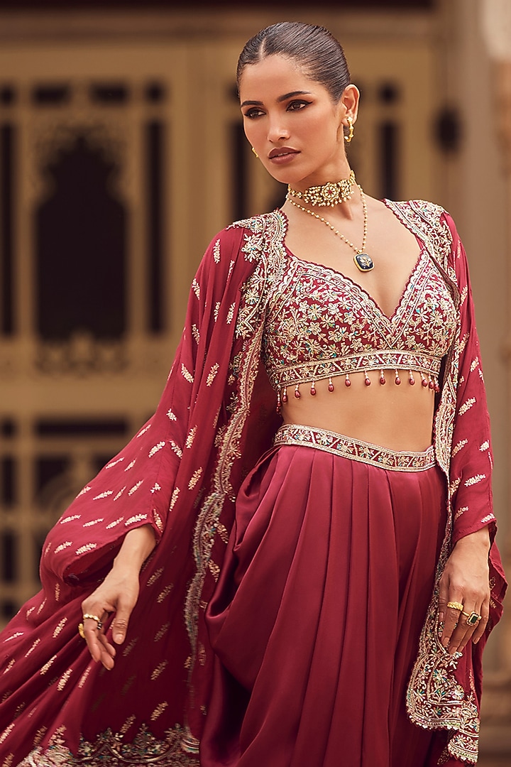 Maroon Satin Sequins Embellished Dhoti Set by Lashkaraa at Pernia's Pop Up Shop
