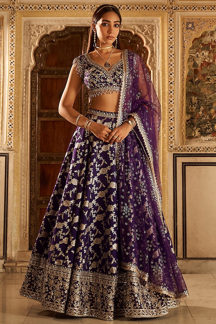 Purple Brocade Zari Embellished Lehenga Set by Lashkaraa at Pernia's Pop Up Shop