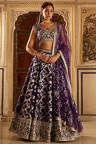 Purple Brocade Zari Embellished Lehenga Set by Lashkaraa