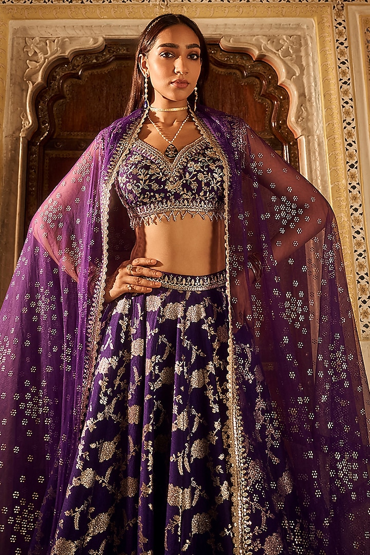 Purple Brocade Zari Embellished Lehenga Set by Lashkaraa at Pernia's Pop Up Shop