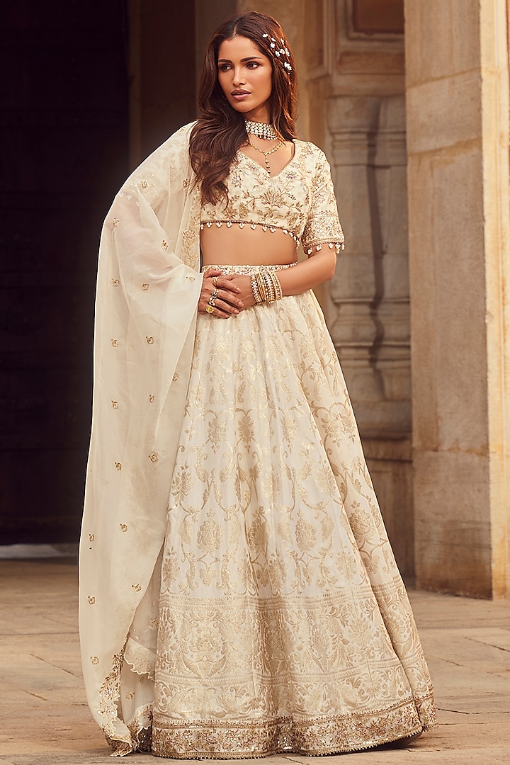 Off-White Brocade Zari Embellished Lehenga Set by Lashkaraa