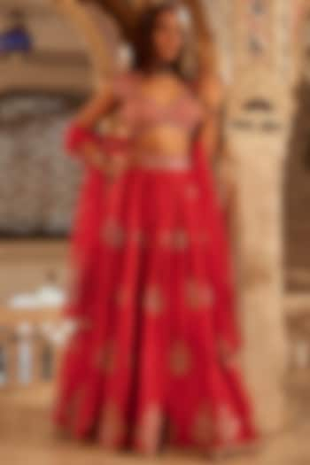 Red Silk Hand Embellished Lehenga Set by Lashkaraa at Pernia's Pop Up Shop