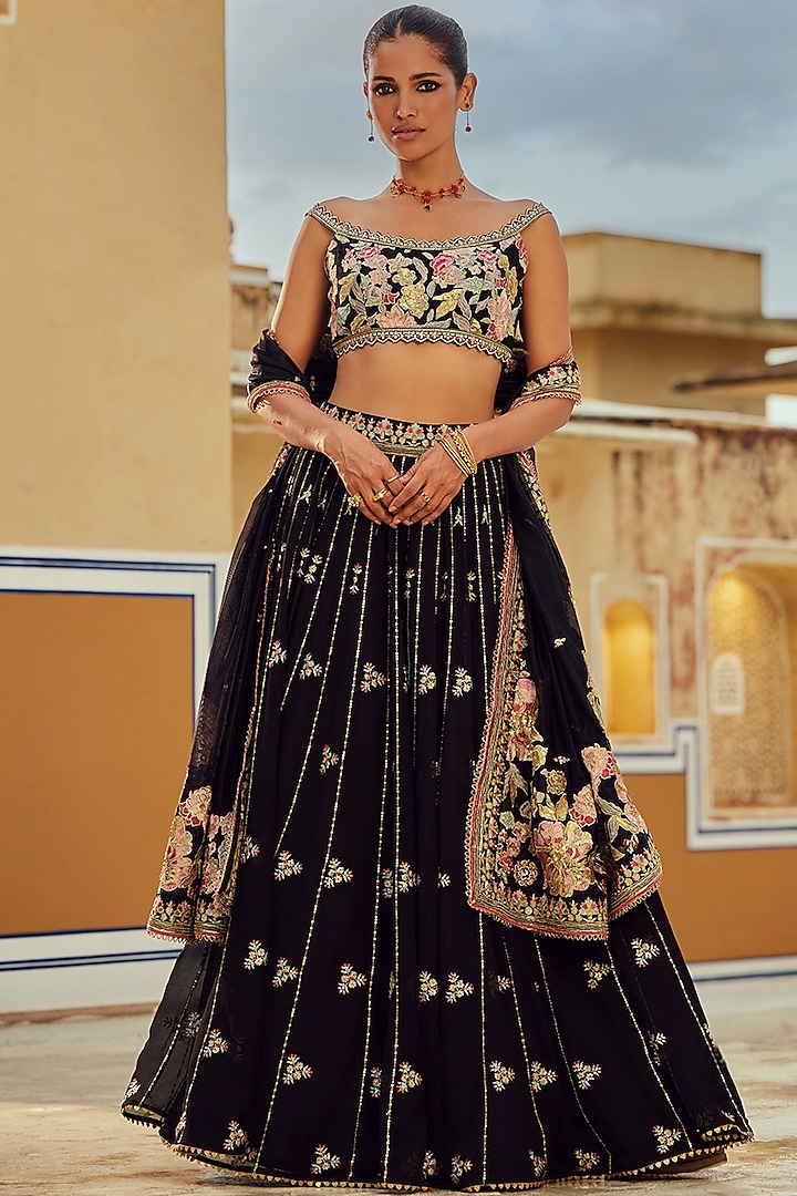 Black Georgette Zari Embellished Lehenga Set by Lashkaraa