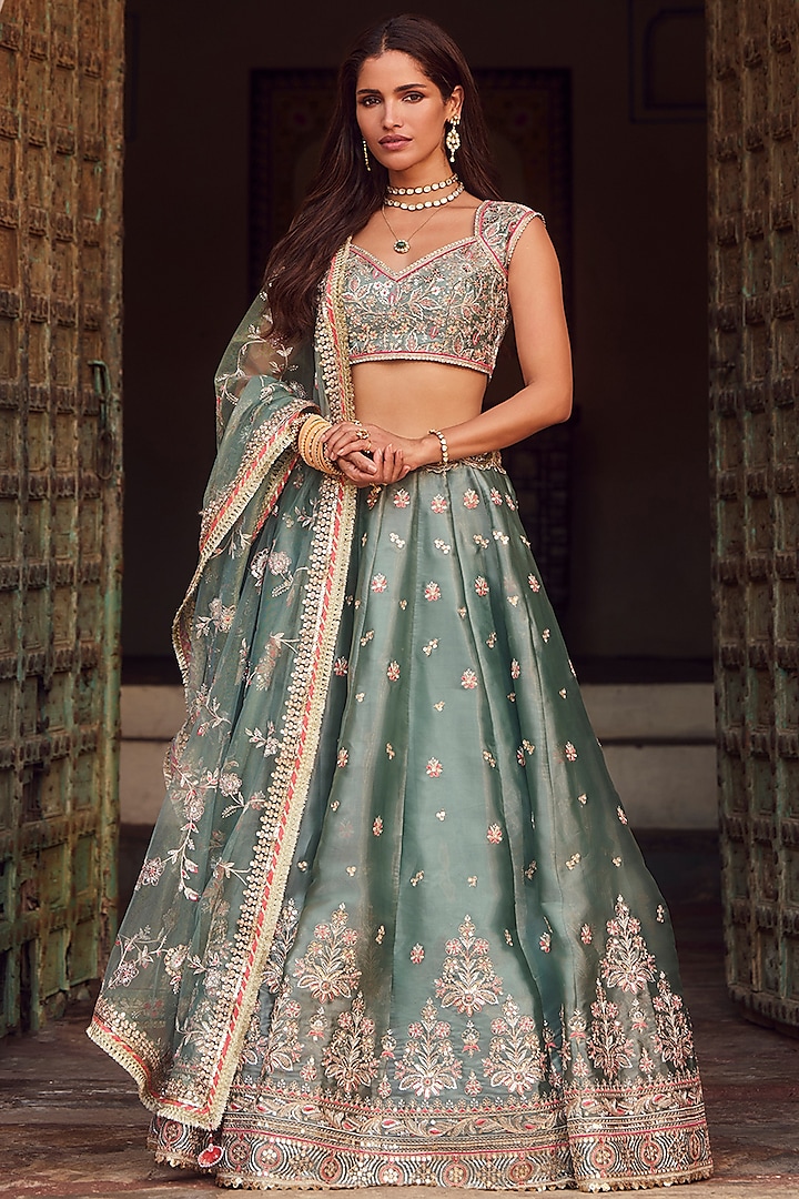 Mint Green Organza Zari Embellished Lehenga Set by Lashkaraa at Pernia's Pop Up Shop