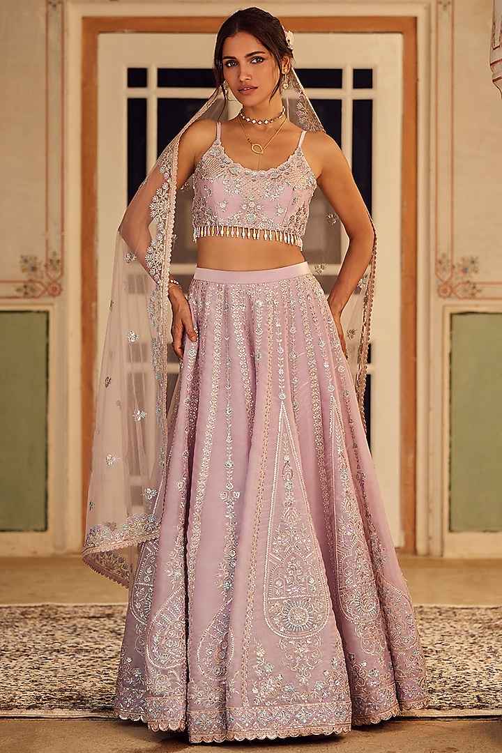 Dusty Purple Organza Zari Embellished Lehenga Set by Lashkaraa