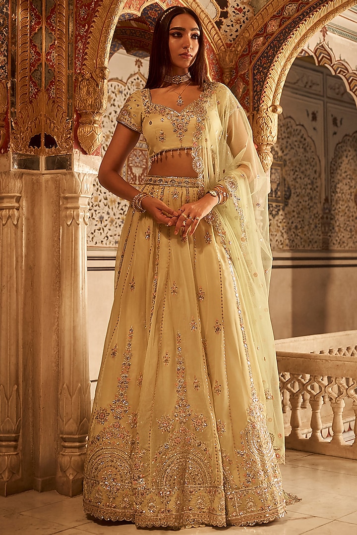 Yellow Viscose Organza Zari Hand Embellished Lehenga Set by Lashkaraa at Pernia's Pop Up Shop