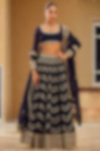 Navy Blue Organza Zari Hand Embellished Lehenga Set by Lashkaraa