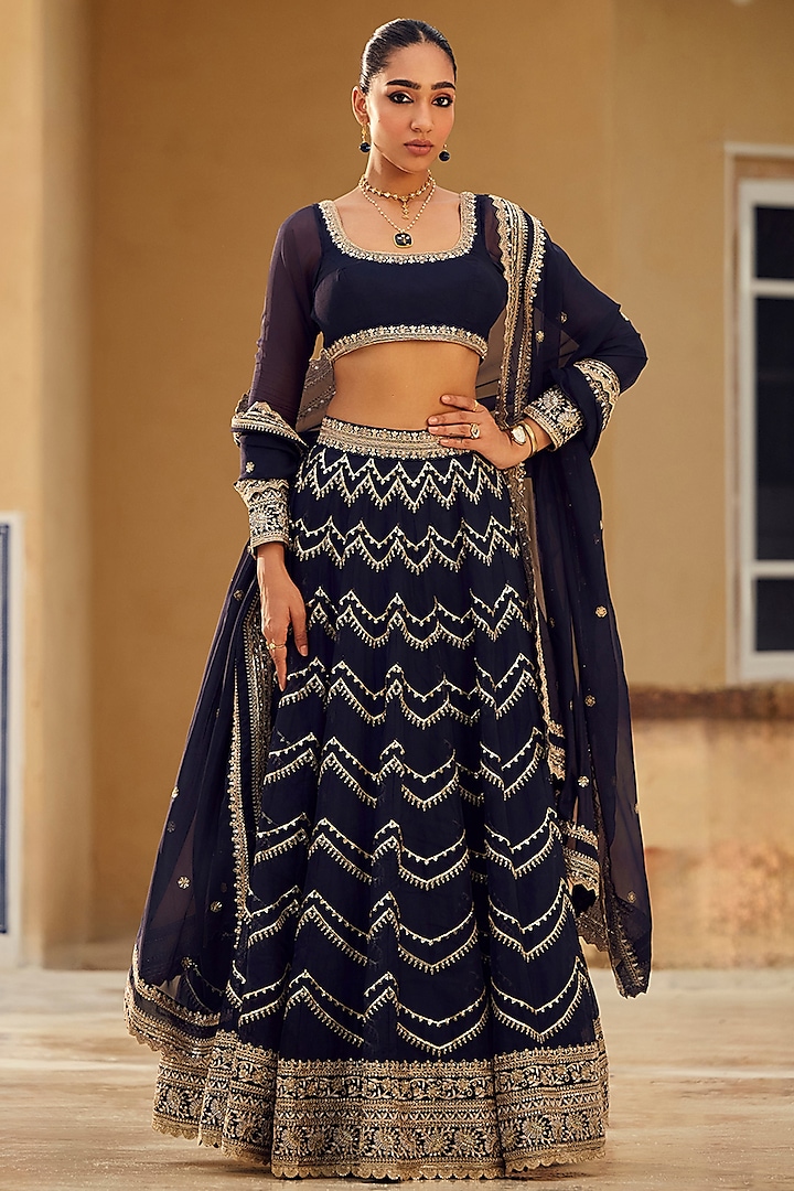 Navy Blue Organza Zari Hand Embellished Lehenga Set by Lashkaraa