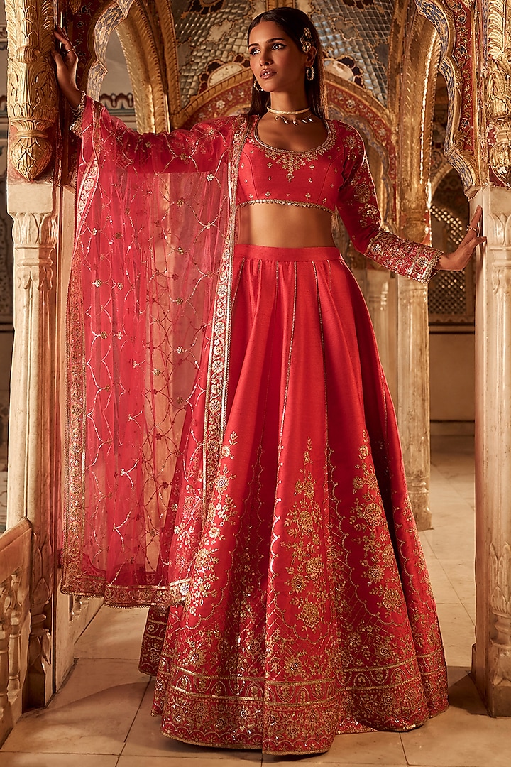 Hot Pink Silk Zari Hand Embellished Lehenga Set by Lashkaraa