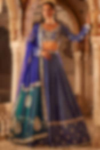 Royal Blue Brocade Zari Hand Embellished Lehenga Set by Lashkaraa at Pernia's Pop Up Shop