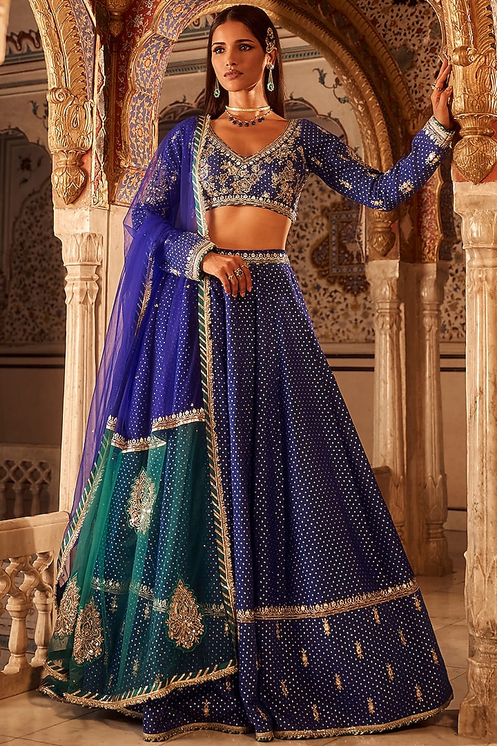 Royal Blue Brocade Zari Hand Embellished Lehenga Set by Lashkaraa at Pernia's Pop Up Shop