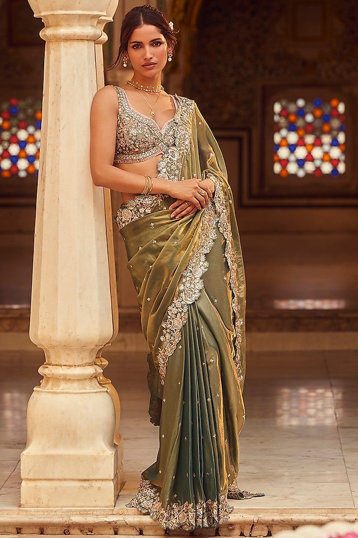 Moss Green Silk Zari Embellished Saree Set by Lashkaraa