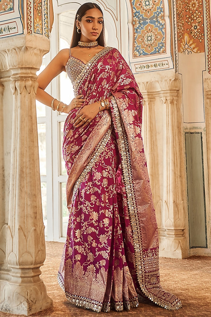 Purple Brocade Zari Hand Embellished Saree Set by Lashkaraa at Pernia's Pop Up Shop