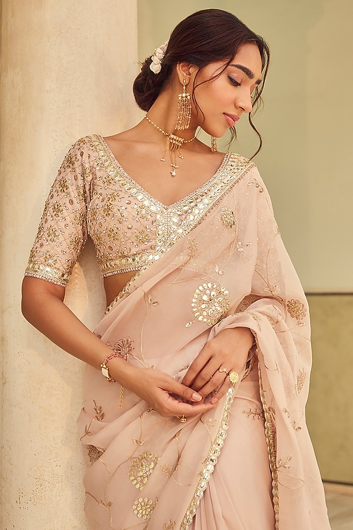 Beige Viscose Organza Zari Embellished Pre-Stitched Party Wear Saree Set by Lashkaraa at Pernia's Pop Up Shop