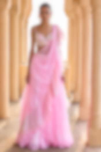 Pink Chiffon Ruffle Pre-Stitched Saree Set by Lashkaraa