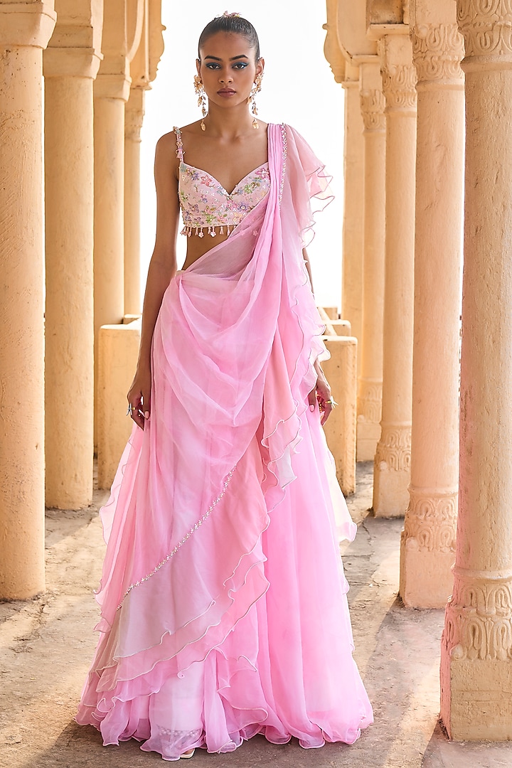 Pink Chiffon Ruffle Pre-Stitched Saree Set by Lashkaraa