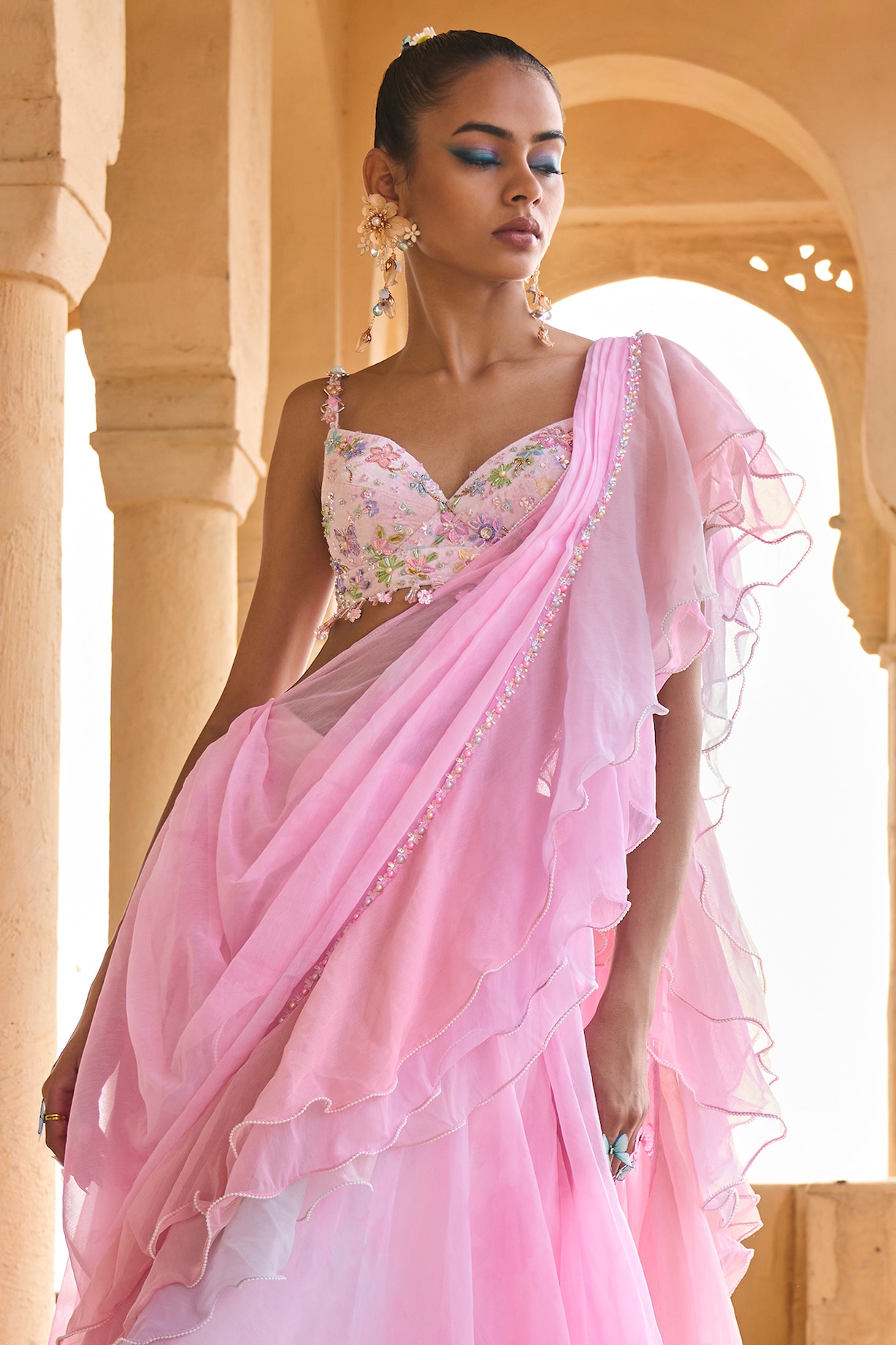 Pink Chiffon Ruffle Saree Set Design by Lashkaraa at Pernia's Pop