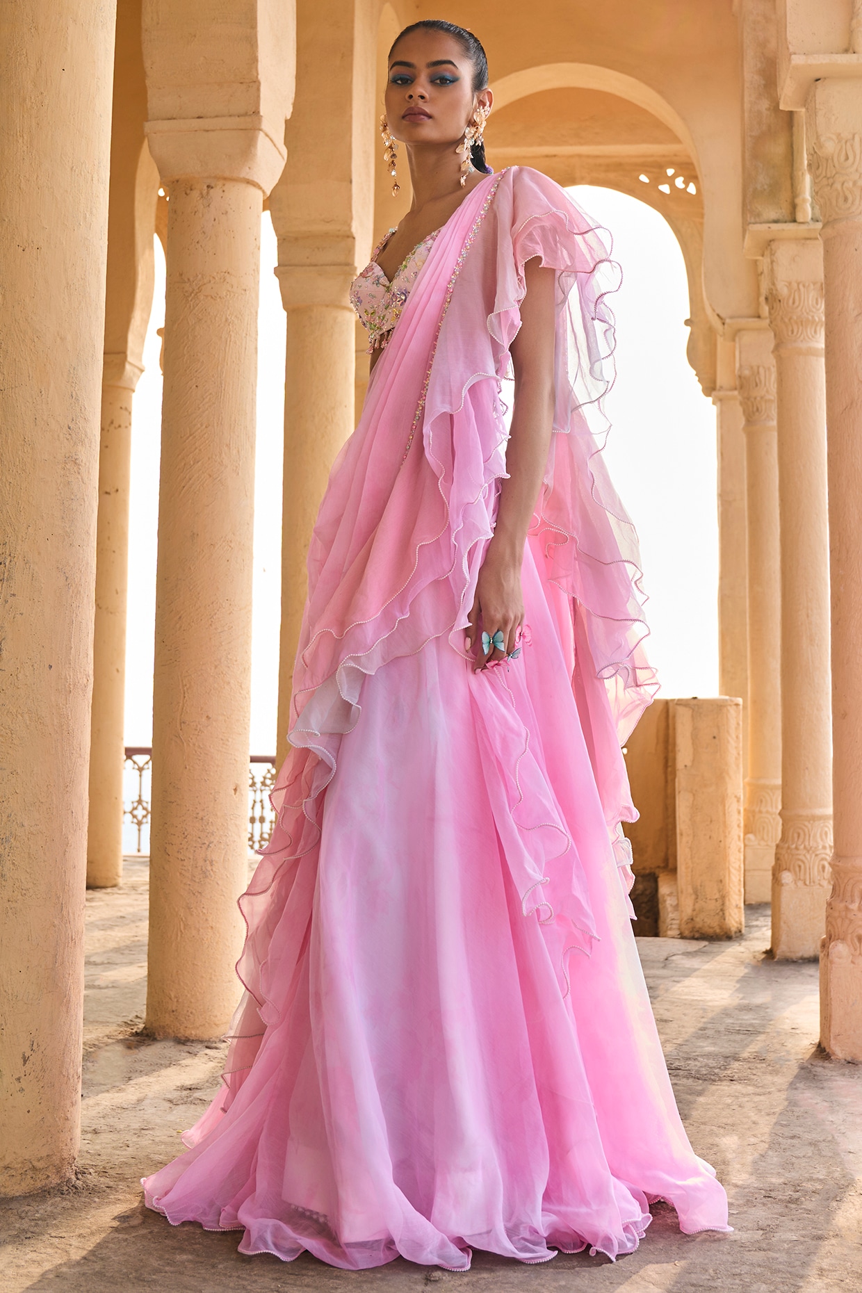 Buy Peach Color Pre-Stitched Ruffle Saree Online on Fresh Look Fashion