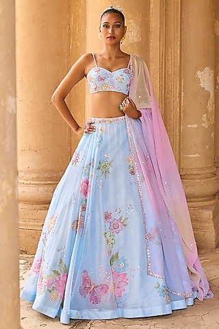 Blue Chiffon & Net Printed Layered Lehenga Set by Lashkaraa