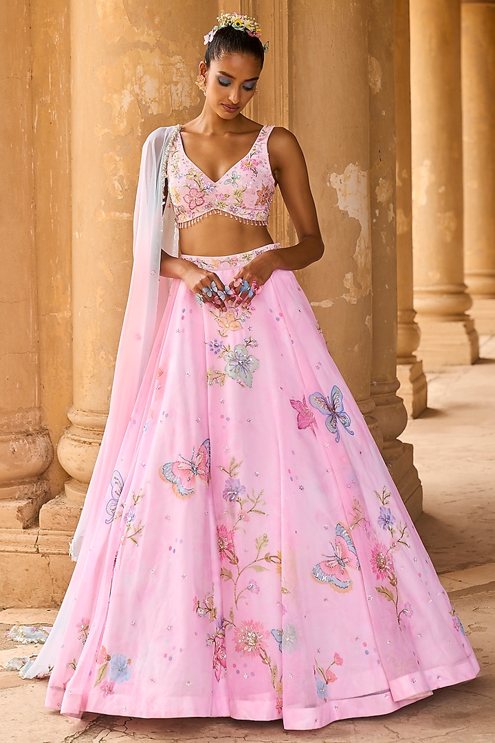 Pink Tulle Printed Lehenga Set by Lashkaraa