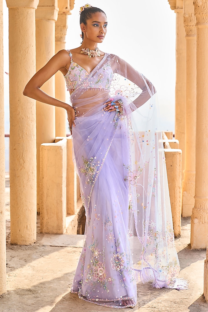 Periwinkle Net Hand Embroidered Pre-Stitched Saree Set by Lashkaraa