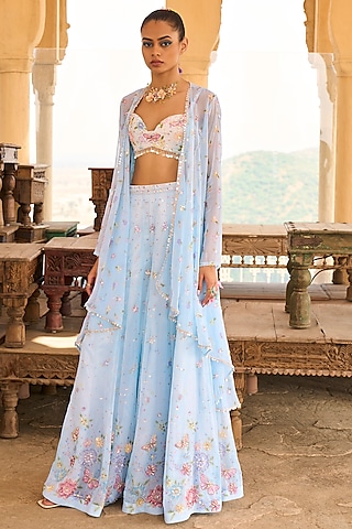 Light Blue Printed Jacket Set by Lashkaraa