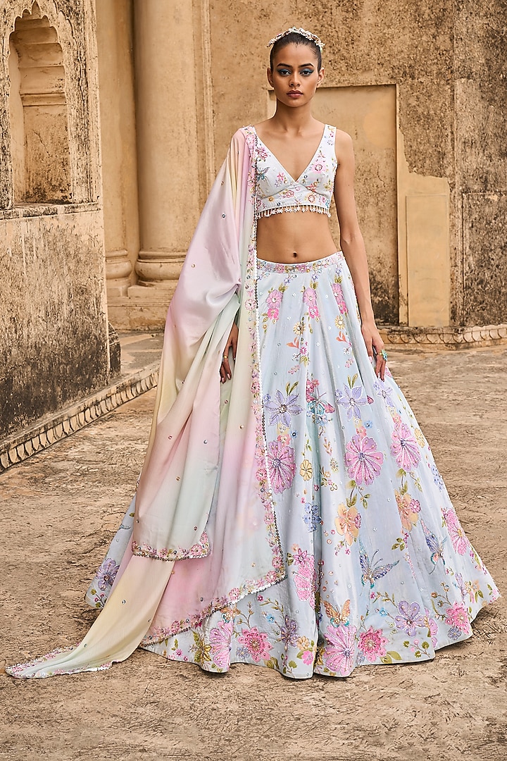 Light Blue Velvet Printed Lehenga Set Design by Lashkaraa at Pernia's ...