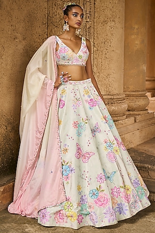 Light Green Velvet Printed Lehenga Set by Lashkaraa